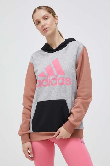 Mikina adidas dámska, šedá farba, s kapucňou, vzorovaná