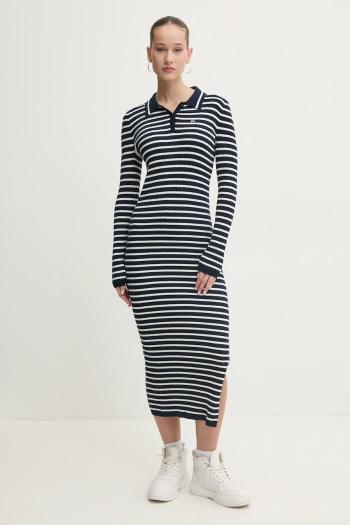 Šaty s prímesou vlny Tommy Jeans tmavomodrá farba, maxi, priliehavá, DW0DW19476