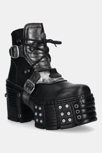 Kožené členkové topánky New Rock ITALI NEGRO BOX PLANE čierna farba, na podpätku, M-TM004-C3