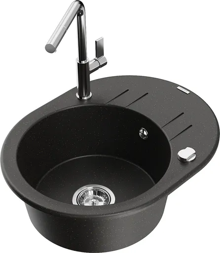 MEXEN/S MEXEN/S - Kevin granitový drez 1-miska s odkvapkávačom vrátane batérie Flora, čierna/zlatá metalik 6517-75-670401-00