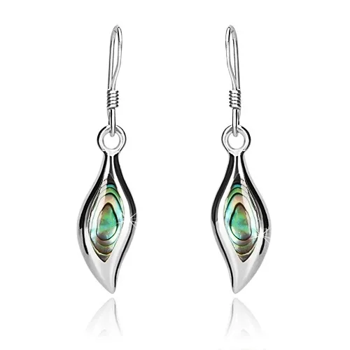 Strieborné náušnice 925, zvlnené zrnko, mušľa abalone, lesklý lem