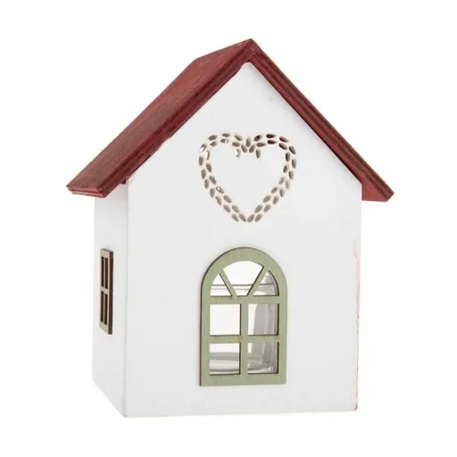 Drevený svietnik so skleneným domčekom so srdcom,15 cm, červený