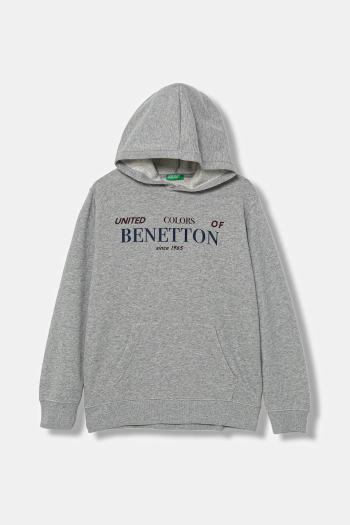 Detská bavlnená mikina United Colors of Benetton šedá farba, s kapucňou, s potlačou, 3J68C204V