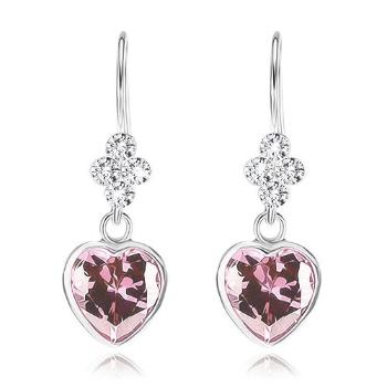 Strieborné náušnice 925, číre krištáliky Swarovski, ružové zirkónové srdce