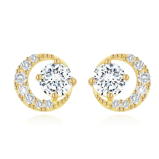 Náušnice v žltom 9K zlate - okrúhly číry zirkón v trblietavej kontúre kruhu