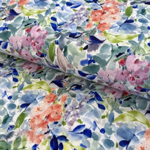 Viskóza s ľanom CREPE Flowers blue digital print