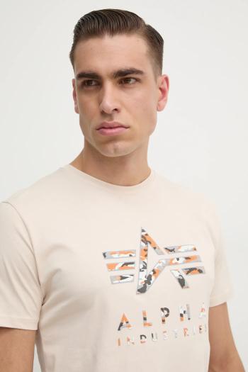 Bavlnené tričko Alpha Industries pánske, béžová farba, s potlačou, 146506