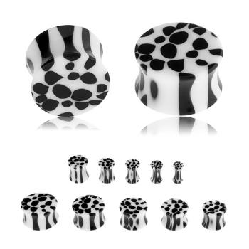 Sedlový plug do ucha z akrylu, čierno-biely leopardí vzor - Hrúbka: 6 mm 
