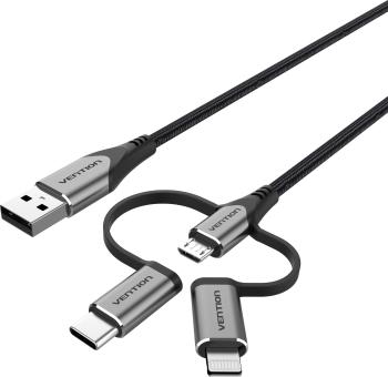 Adatkábel Vention MFi USB 2.0 to 3-in-1 Micro USB + USB-C + Lightning Cable 1m Gray Aluminum Alloy Type