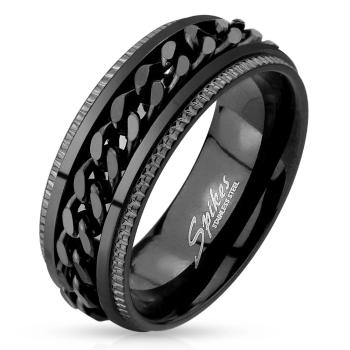 Oceľový prsteň, čierna farba, vrúbkované okraje, retiazka v strede - Veľkosť: 62 mm