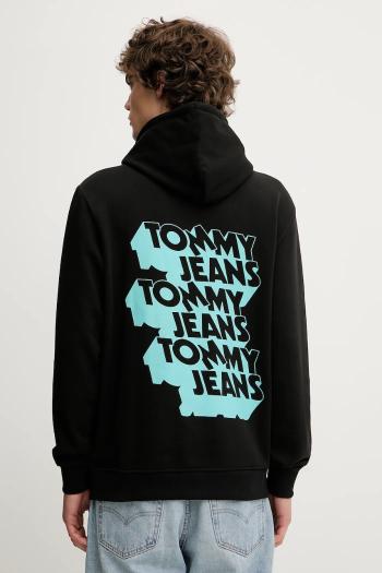 Bavlnená mikina Tommy Jeans čierna farba, s kapucňou, s potlačou, DM0DM21625