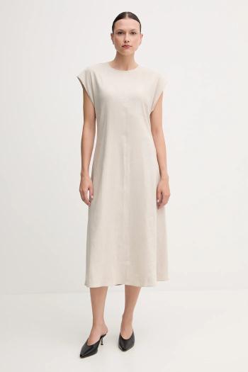 Ľanové šaty Calvin Klein béžová farba, midi, rovný strih, LV044B041G