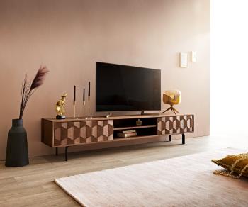 TV stolík Fevo 200 cm akáciová hnedá 2 dvierka podstavec v tvare L