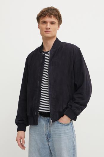 Semišová bunda bomber Calvin Klein tmavomodrá farba, prechodná, K10K114116