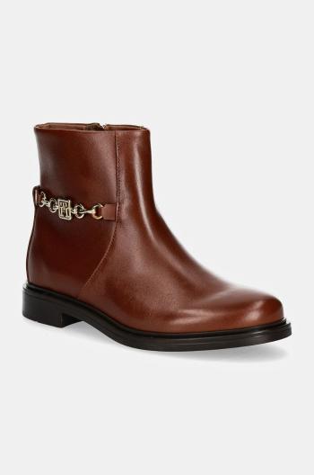 Kožené členkové topánky Tommy Hilfiger TH CHAIN LEATHER LOW BOOTIE dámske, hnedá farba, na plochom podpätku, FW0FW08251