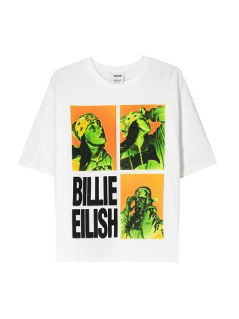Bershka Póló 'BILLIE EILISH'  világoszöld / narancs / fekete / piszkosfehér