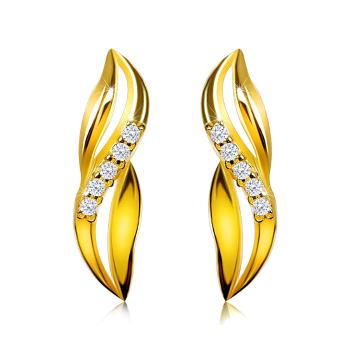 Briliantové náušnice zo žltého 14K zlata - prepletené vlnky, diamantová línia, puzetky, rodiované