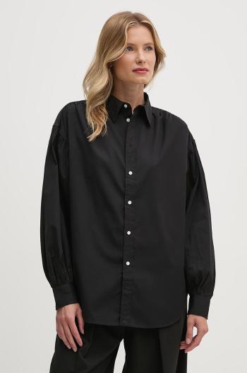 Bavlnená košeľa Polo Ralph Lauren dámska, čierna farba, voľný strih, s klasickým golierom, 211941512
