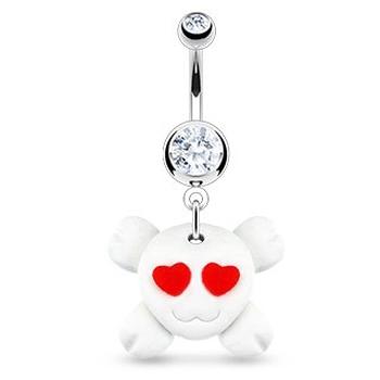 Piercing do pupku - FIMO lebka so srdiečkovými očami, zirkón