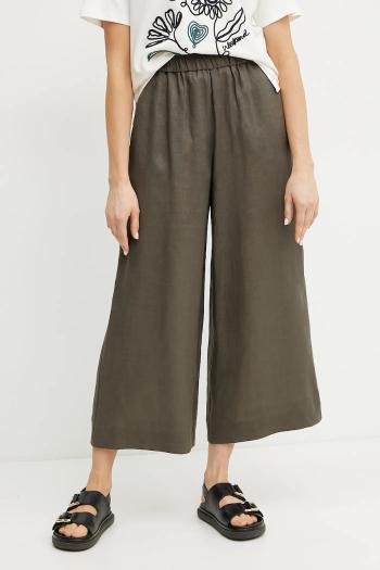 Ľanové nohavice MM dámske, zelená farba, strih culottes, vysoký pás, 2516131018600