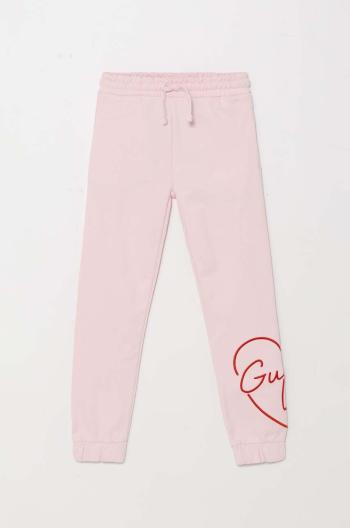 Detské bavlnené tepláky Guess ružová farba, s nášivkou, J4YQ16 KA6R3