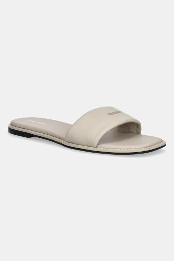 Kožené šľapky Calvin Klein FLAT SANDAL SQUARE HF LTH béžová farba, HW0HW02652