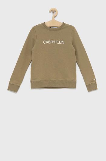 Detská bavlnená mikina Calvin Klein Jeans zelená farba, s potlačou