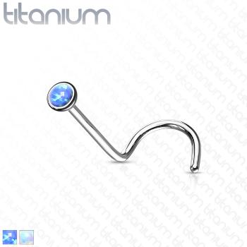 Zahnutý piercing do nosa z titánu - syntetický opál v okrúhlej objímke, 1 mm - Farba piercing: Biela