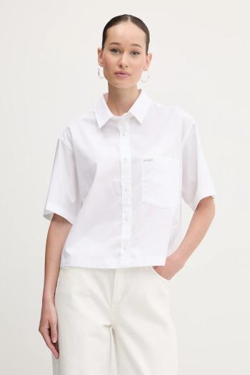 Bavlnená košeľa Guess Jeans dámska, biela farba, voľný strih, s klasickým golierom, W5GH98 WH7P1