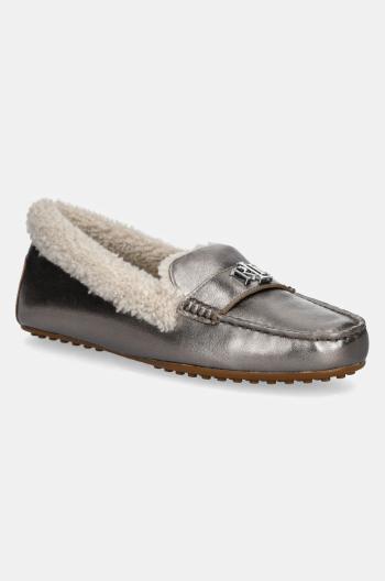 Kožené mokasíny Lauren Ralph Lauren Barnsbury Sp dámske, strieborná farba, na plochom podpätku, 802951373001