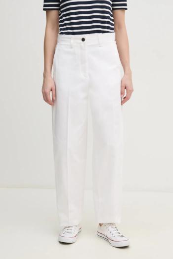 Bavlnené nohavice Tommy Hilfiger biela farba, rovné, vysoký pás, WW0WW45487