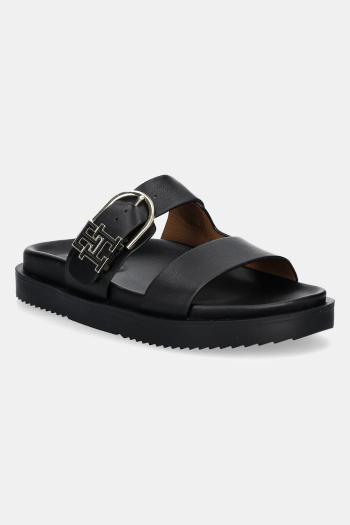 Kožené šľapky Tommy Hilfiger LEATHER SPORTY MULE dámske, čierna farba, FW0FW08512