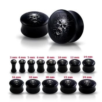 Čierny sedlový plug do ucha s lebkou - Hrúbka: 6 mm 