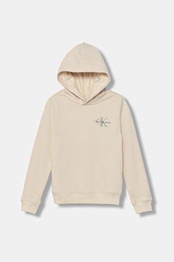 Detská bavlnená mikina Calvin Klein Jeans béžová farba, s kapucňou, s potlačou, IU0IU00266