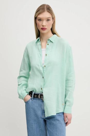 Ľanová košeľa Superdry dámska, zelená farba, voľný strih, s klasickým golierom, W4010463A-2OK