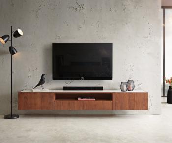 TV stolík Secara 220 cm akáciová hnedá 2 dvierka 2 zásuvky mramorový