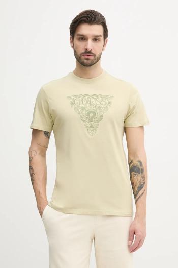 Bavlnené tričko Guess pánske, béžová farba, s nášivkou, M5GI16 K8FQ4