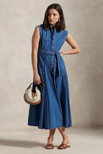 Rifľové šaty Polo Ralph Lauren tmavomodrá farba, maxi, áčkový strih, 211969142
