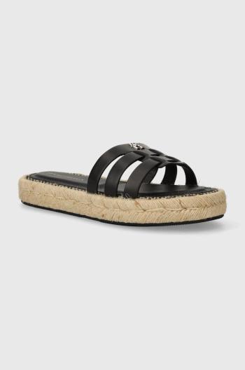 Kožené šľapky Tommy Hilfiger AUTHENTIC FLAT LTHR ESPADRILLE dámske, čierna farba, na platforme, FW0FW07745