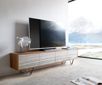TV stolík Kleo 200 cm prírodná akácia 4 dvierka podstavec v tvare