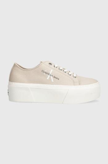 Tenisky Calvin Klein Jeans FLATFORM+ CUPSOLE LOW TXT dámske, béžová farba, YW0YW01033,