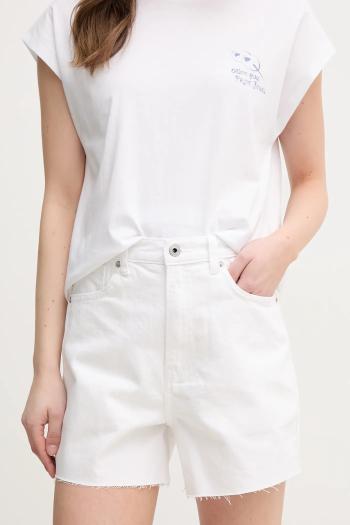 Rifľové krátke nohavice Pepe Jeans A-LINE SHORT UHW RACHEL dámske, biela farba, jednofarebné, vysoký pás, PL801112TC0