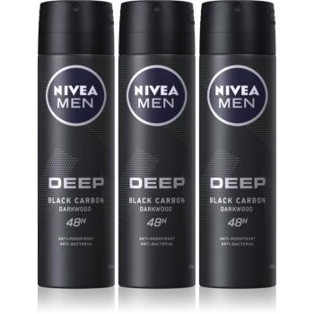NIVEA MEN Deep Black Carbon Darkwood antiperspirant v spreji výhodné balenie pre mužov 3 x 150 ml