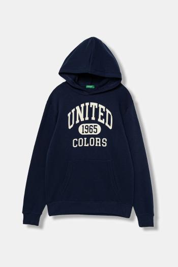 Detská bavlnená mikina United Colors of Benetton tmavomodrá farba, s kapucňou, s potlačou, 3J68C203N