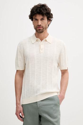 Polo tričko s prímesou ľanu United Colors of Benetton béžová farba, jednofarebné, 115GK301G