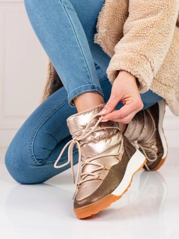 Trendy dámske snehové topánky zlaté bez podpätku