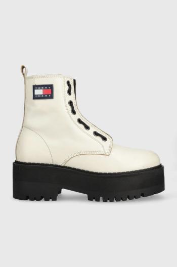 Kožené členkové topánky Tommy Jeans Tamy Higher 3A - Zip Up dámske, béžová farba, na platforme