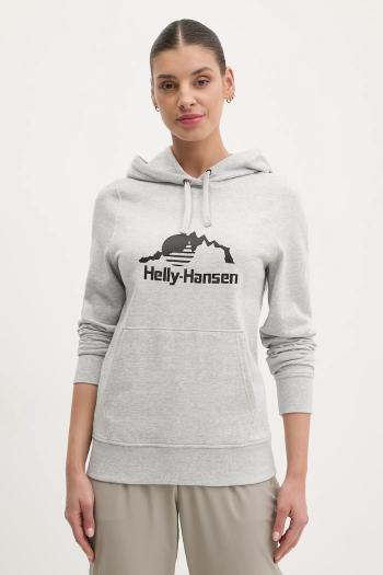 Mikina Helly Hansen NORD GRAPHIC dámska, šedá farba, s kapucňou, s potlačou, 62981