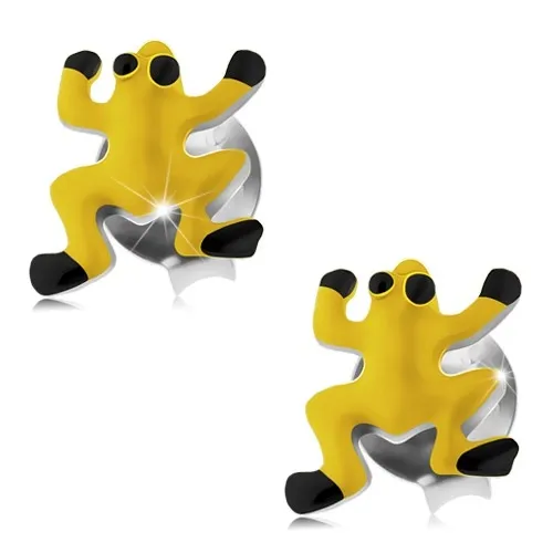 Náušnice zo striebra 925, žltá glazúrovaná žabka, čierne oči a nôžky