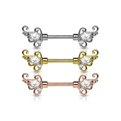 Piercing do bradavky z chirurgickej ocele - kvetinová ozdoba, číre zirkóny, rôzne farby - Farba piercing: Zlatá